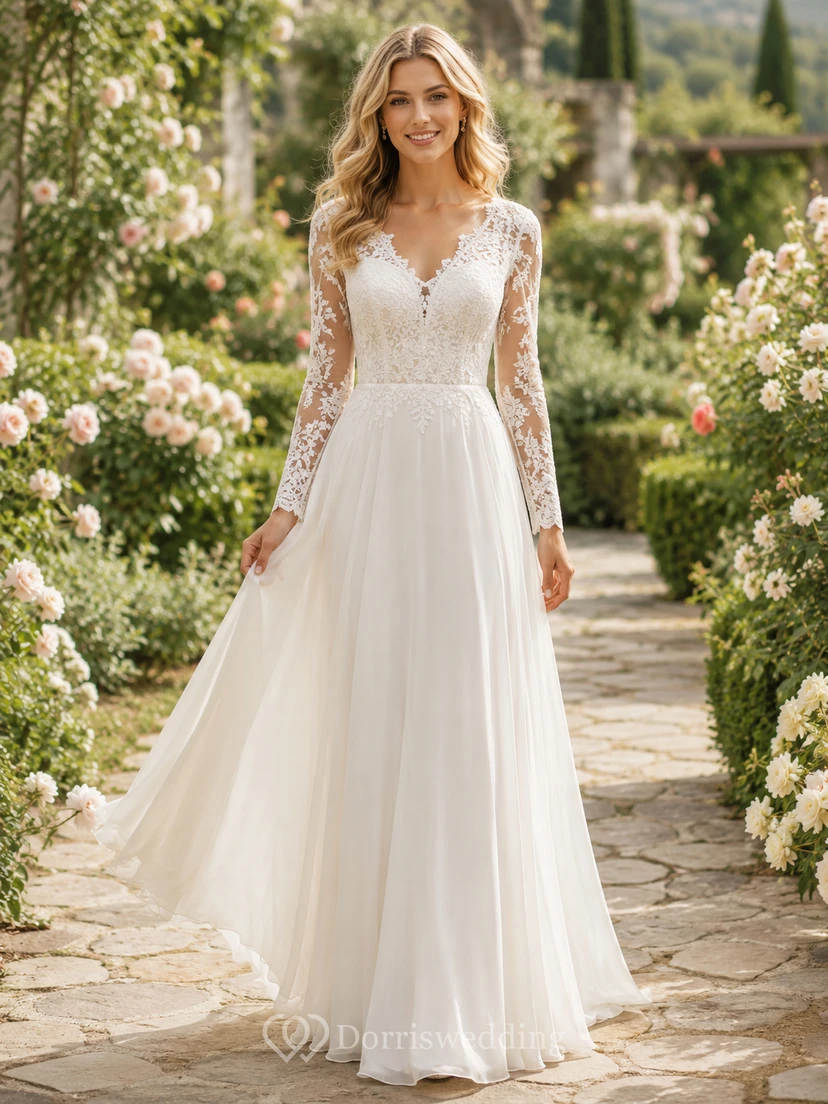 Romantic Long Sleeve Lace A Line Garden Elopement Bridal Gown