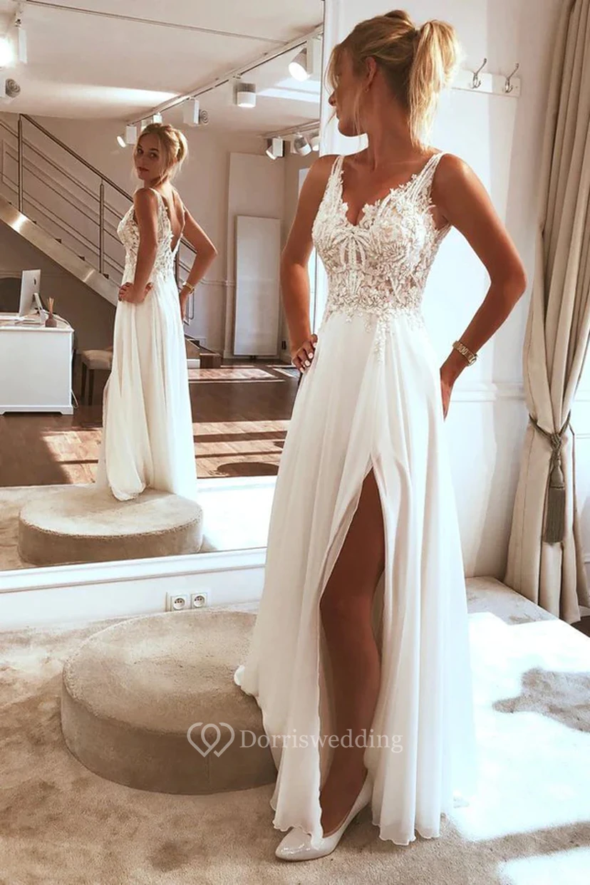 Minimalistisches, schlichtes Strandhochzeitskleid | Lässiges Chiffonkleid für eine intime Hochzeit mit Spitzentop view 5