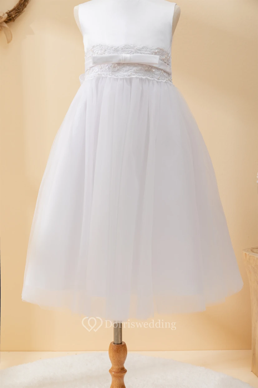 Scoop-neck A-line Empire Communion Flowergirl Dress with Beaded Waist view 4