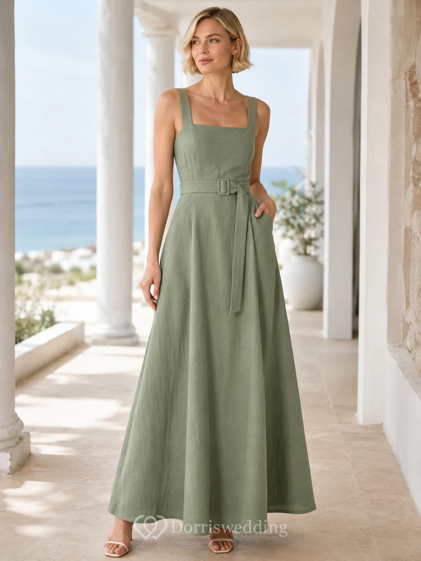 Celadon Square-Neck Strapped Satin Sashed Simple A-Line Wedding Guest Dress