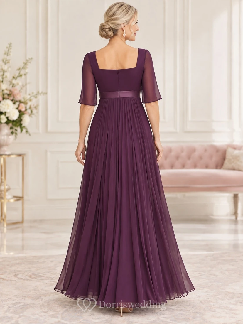 Vestido de gasa plisada de corte imperio, largo hasta el suelo, con escote cuadrado y mangas tres cuartos, color ciruela, ideal para la madre de la novia. view 2