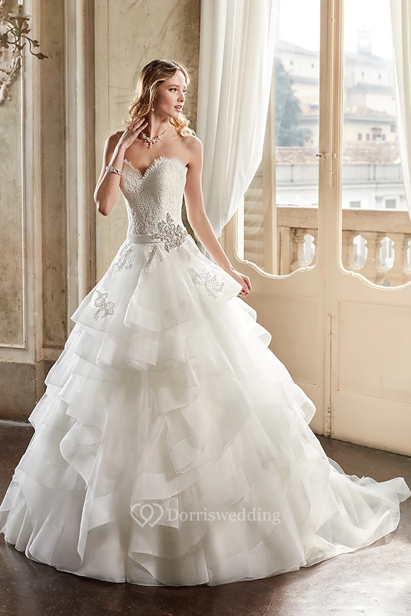 A-Line Draped Sweetheart Organza Wedding Dress With Tiers And Broach