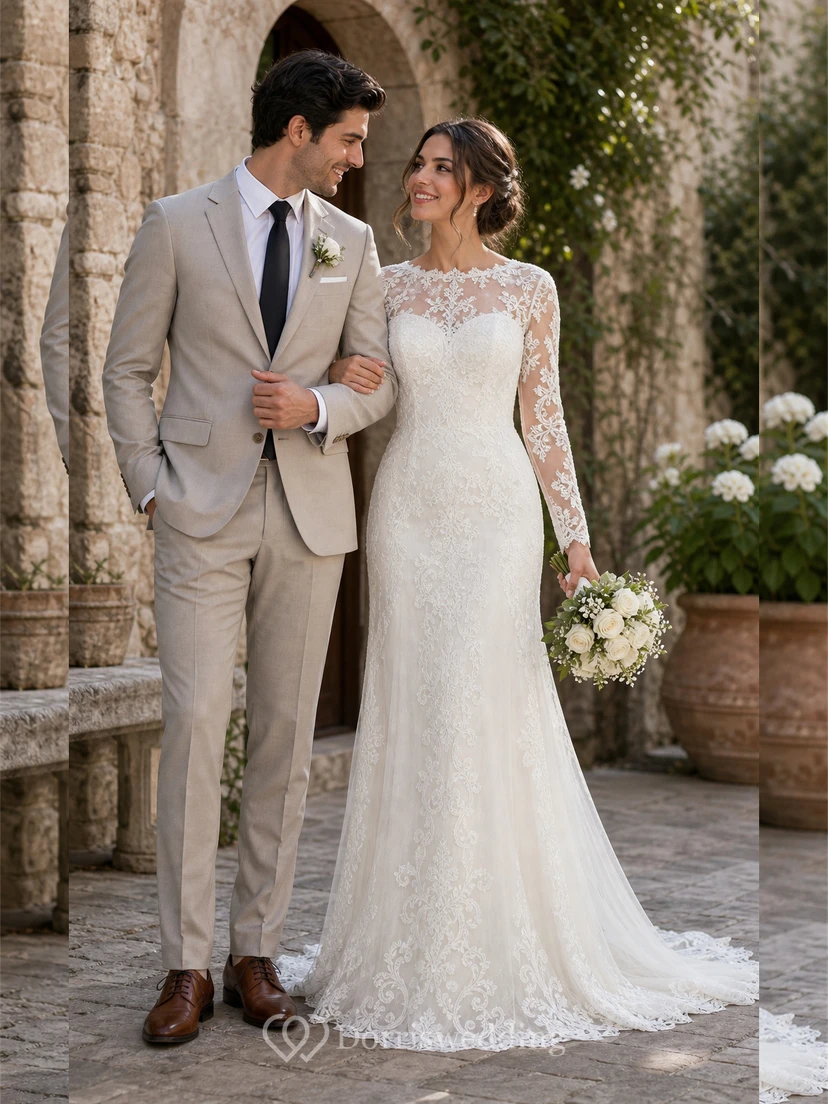 Sheath Long-Sleeve High Neck Tulle&Lace Wedding Dress With Sweep Train