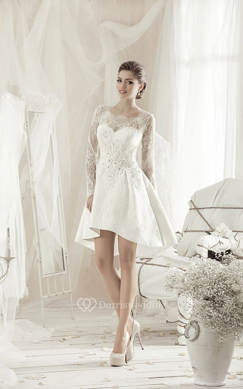 Robe trapèze en dentelle à manches longues carrées, arrivant au genou, avec nœud et appliques view 2