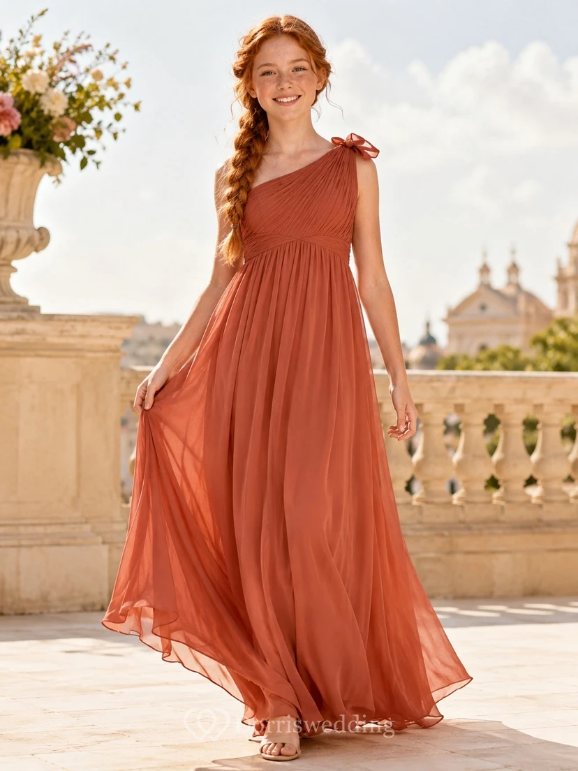 Vestido de dama de honor juvenil romántico, sin mangas, de gasa, de un solo hombro, corte en A y largo hasta el suelo, color naranja.
