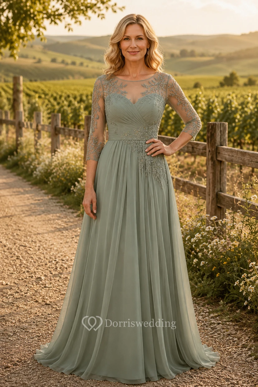 Sage Bateau Lace Chiffon A-Line Mother Dress with Long Sleeves
