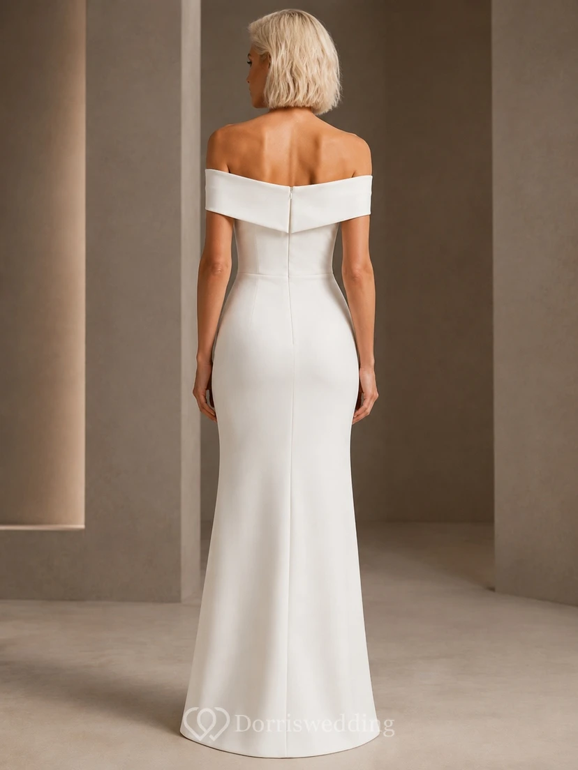White Satin Off-the-Shoulder Short-Sleeve Sheath Floor-Length Formal Dress view 2