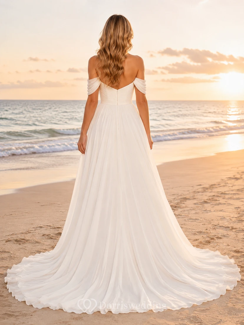 Beach Chiffon Tulle Wedding Dress A-Line Off Shoulder Sweep Train with Slit Bridal Gown view 2
