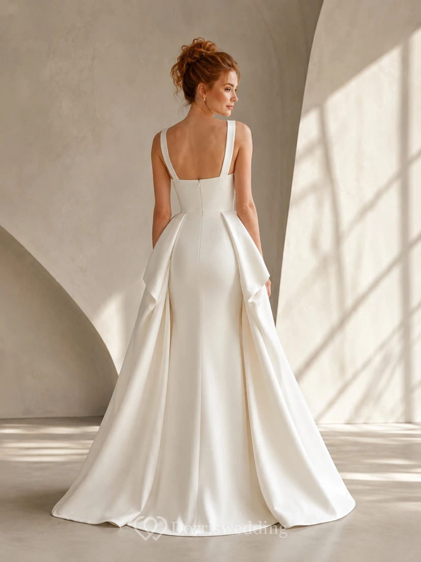 Robe de mariée minimaliste en satin, coupe sirène, col carré, sans manches, traîne. view 2
