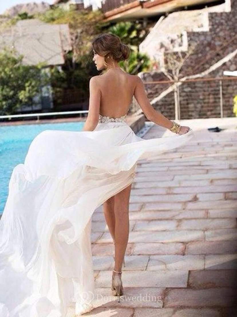 A-line Halter Sleeveless Lace Chiffon Sweep Train Dresses view 2