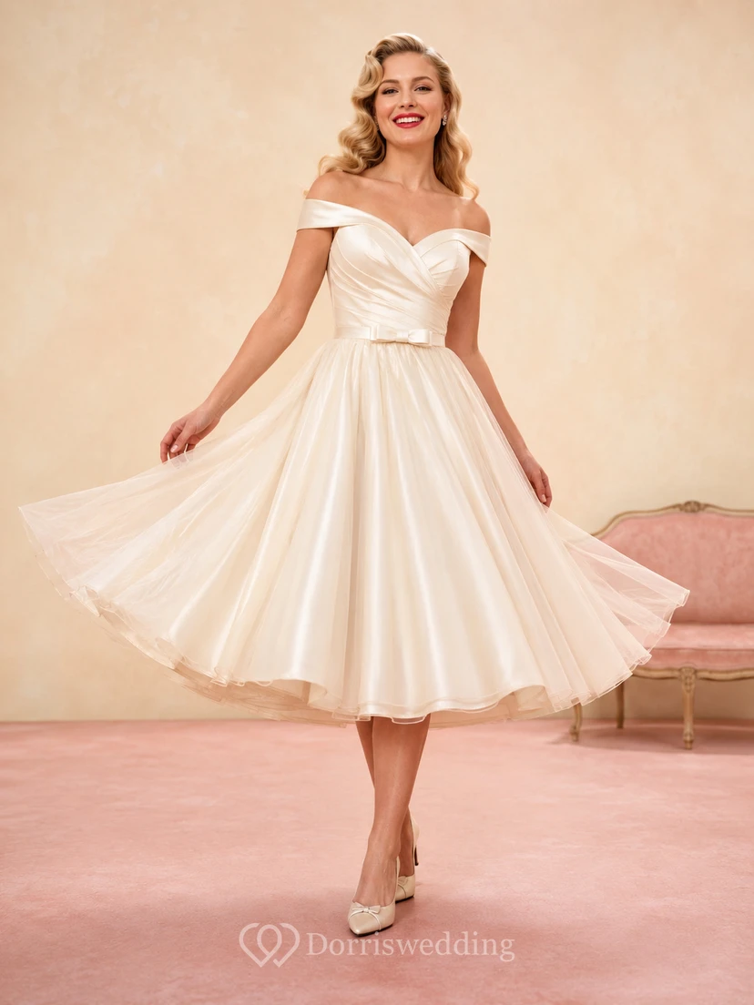 1950s Off Shoulder Ruched Pleated Satin A-Line Swing Tea Wedding Dress