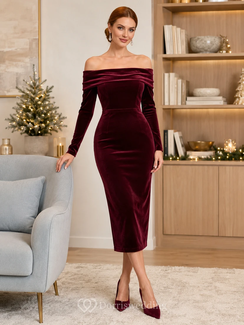 vestido de fiesta ajustado de terciopelo burdeos con hombros descubiertos y manga larga