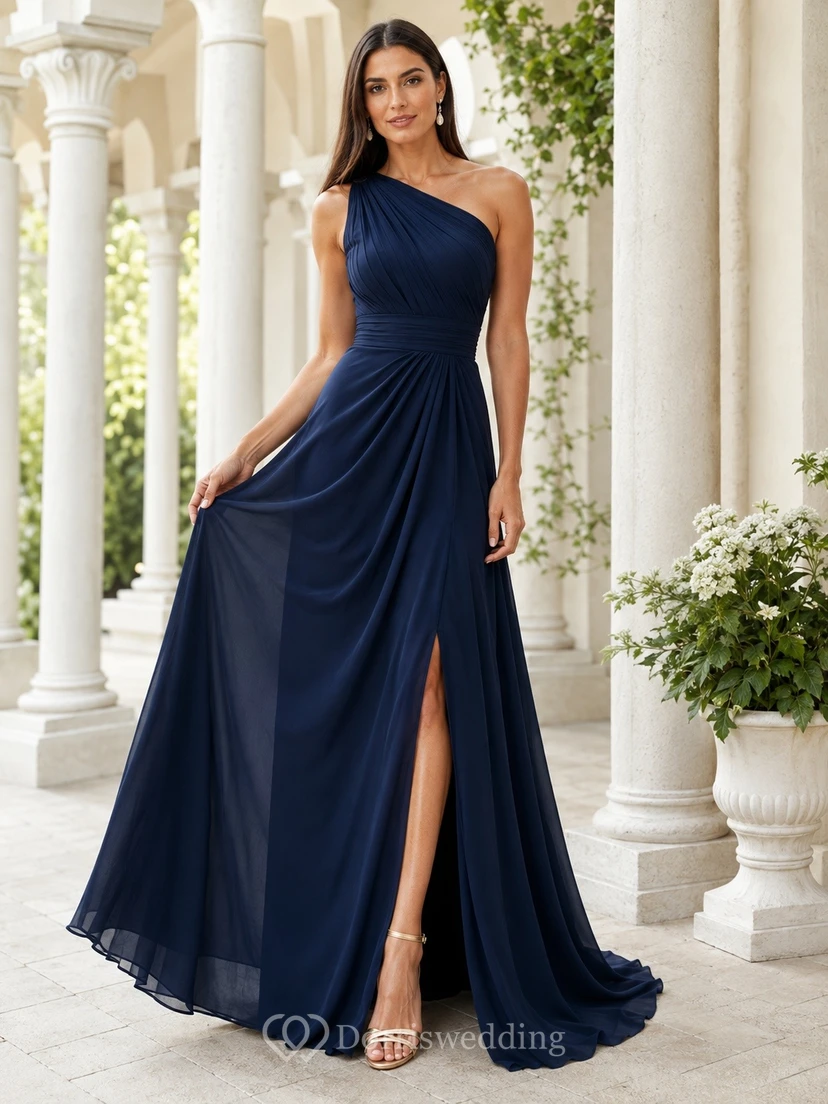 Navy One Shoulder Satin Slit Mermaid Gown Classic