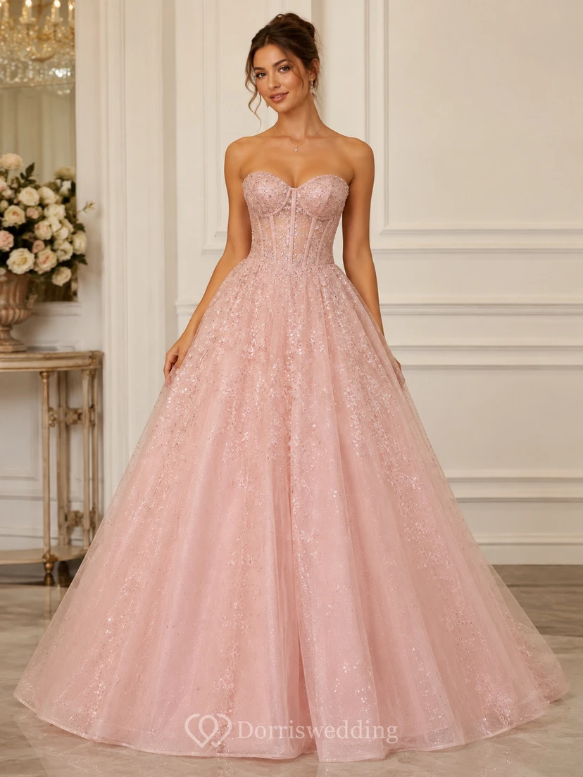 Rosafarbenes, trägerloses Glitzer-Tüll-Ballkleid, festliches Kleid