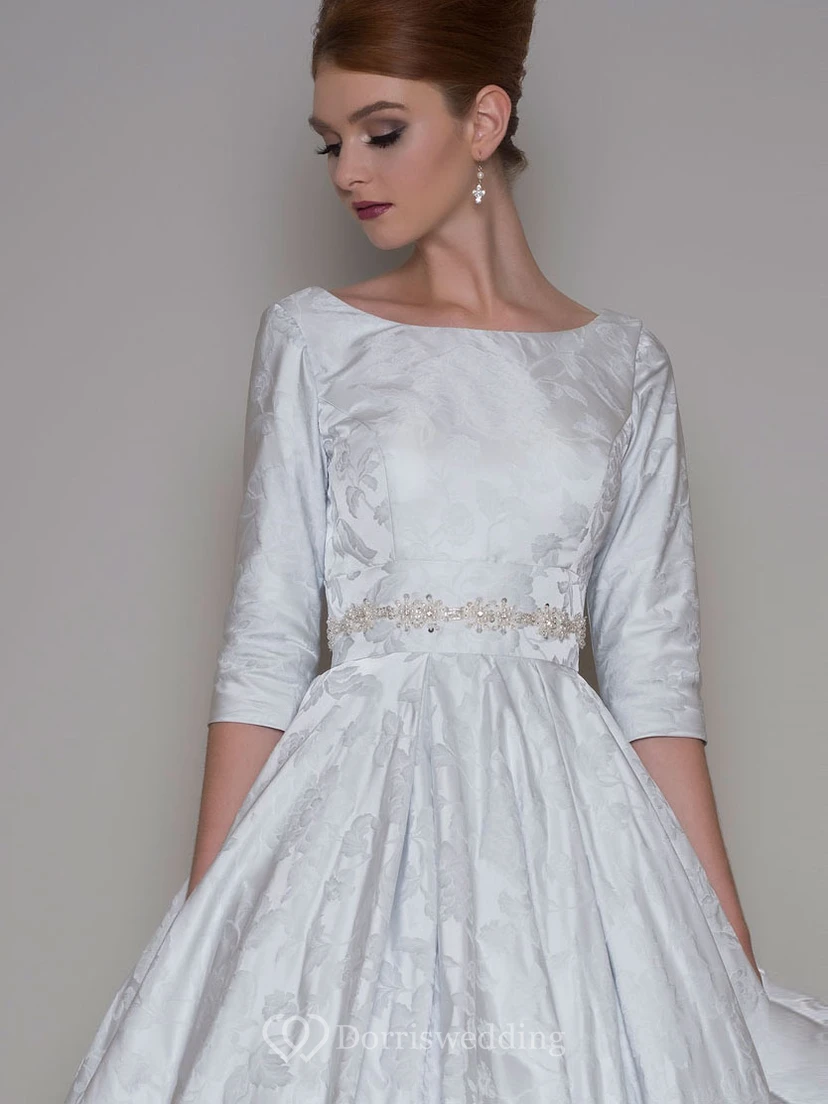 A-Line Tea-Length 3-4 Sleeve Bateau Neck Jeweled Satin Wedding Dress view 3