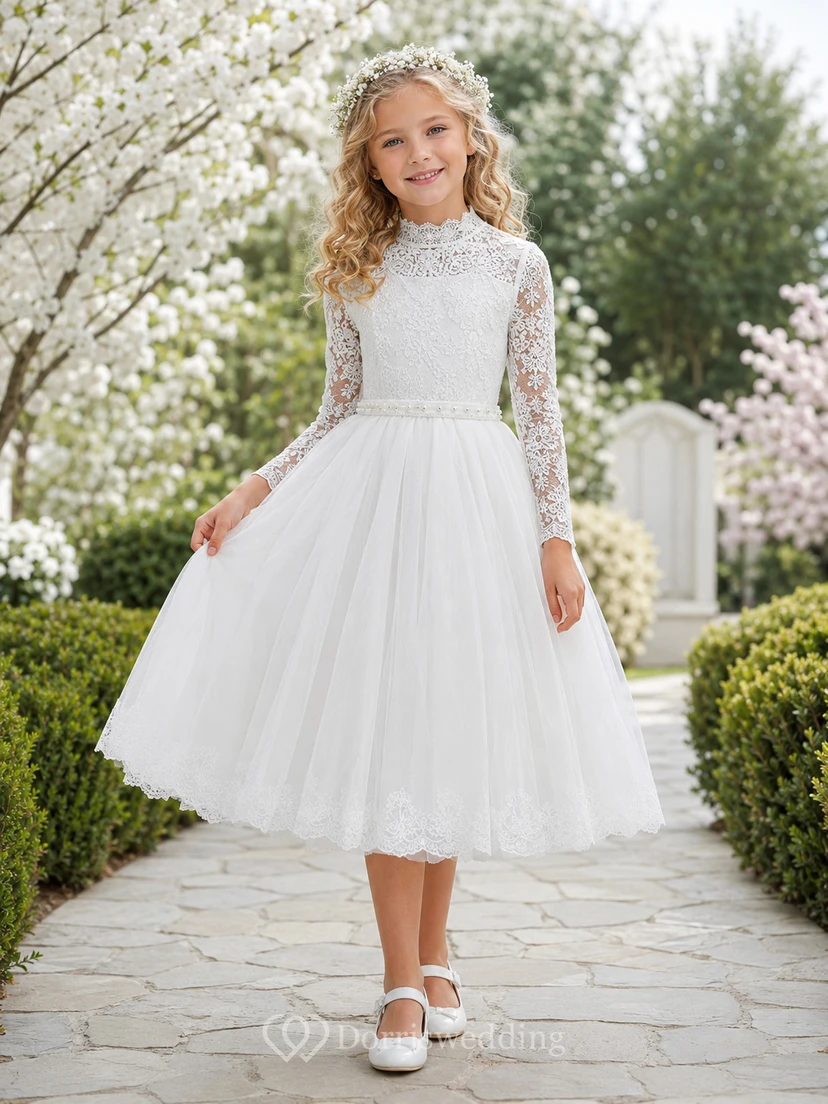 Gartenkleid mit hohem Kragen, langen Ärmeln, Spitze, für Blumenmädchen, Teelänge