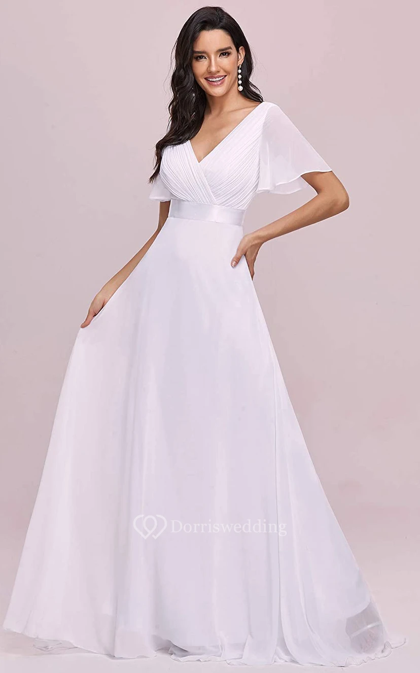 Elegant Chiffon V-neck A Line Short Sleeve Prom Mother Dress With Ruffles view 17