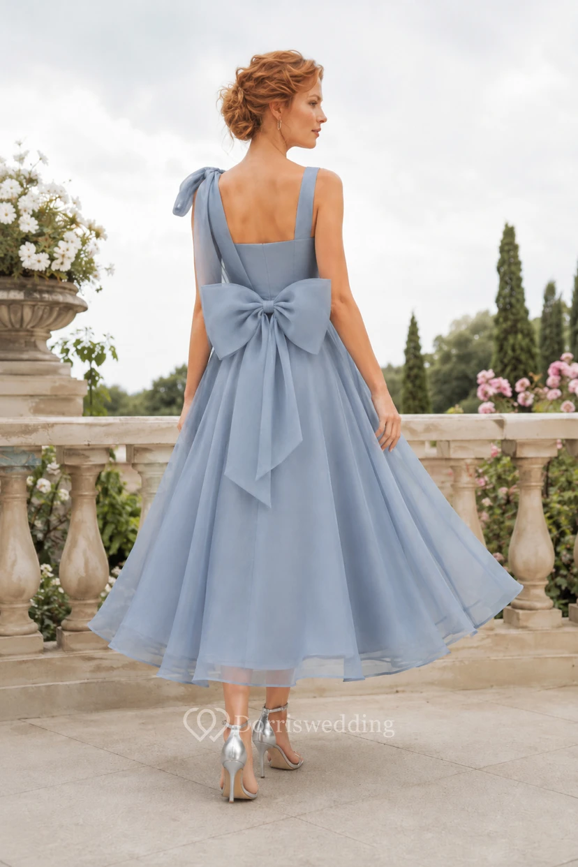 Steel Blue Tulle Tea-Length A-Line Dress with Bow Back view 2