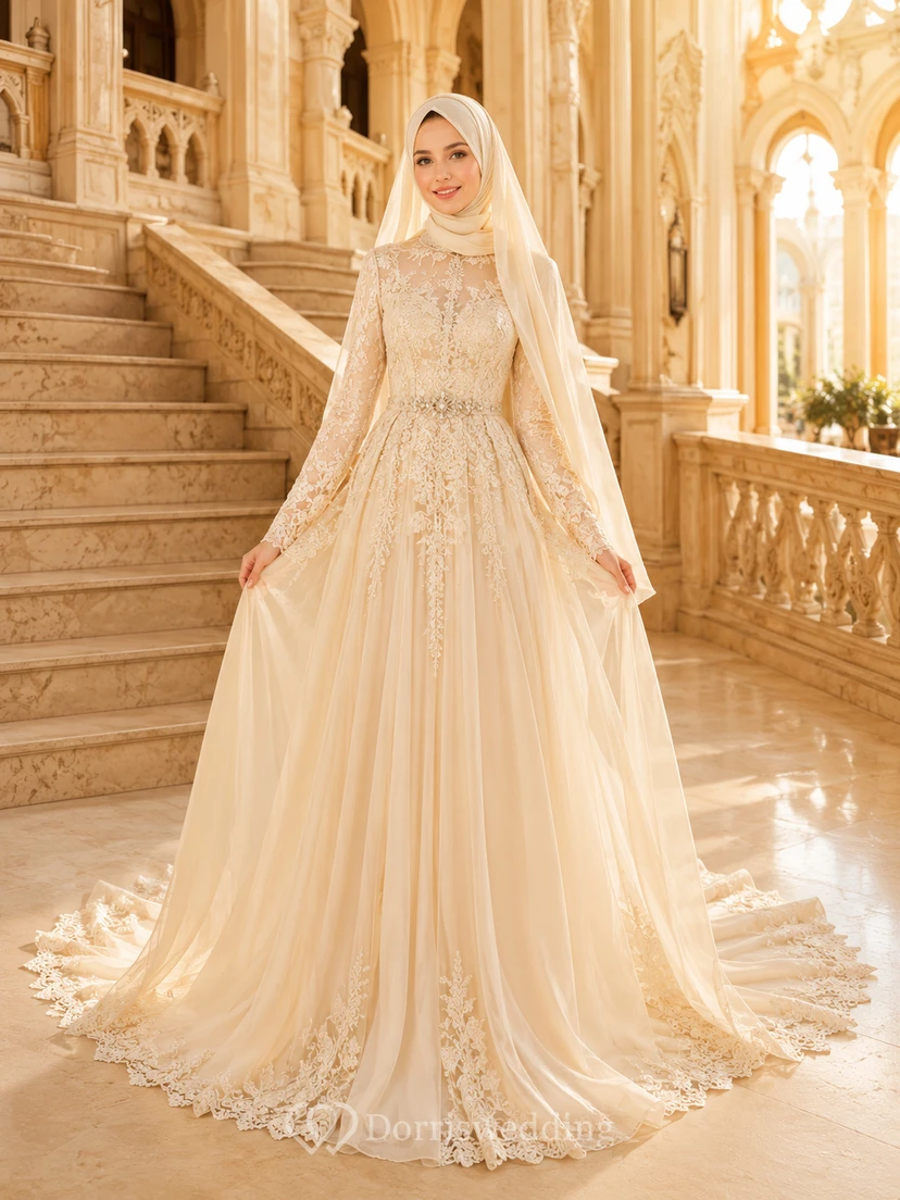Modest Muslim Champagne Palace Lace Bridal Ball Gown