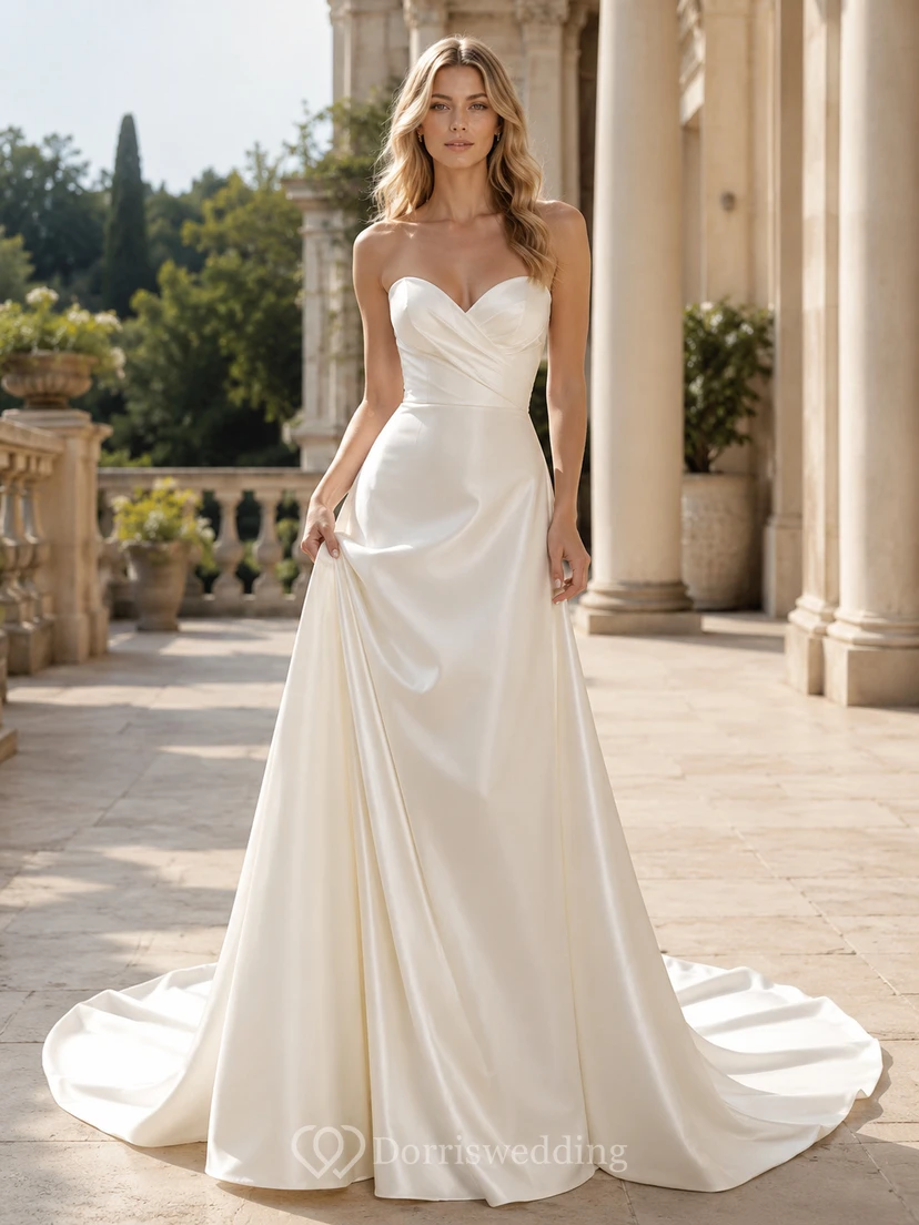 Brautkleid aus Satin, A-Linie, trägerlos, Kapellenschleppe, tiefer V-Ausschnitt