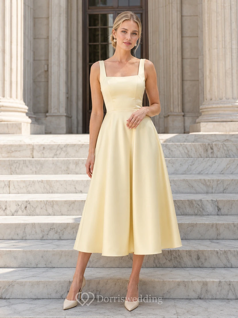 Yellow Courthouse Square Neck Satin Midi A Line Wedding Dress