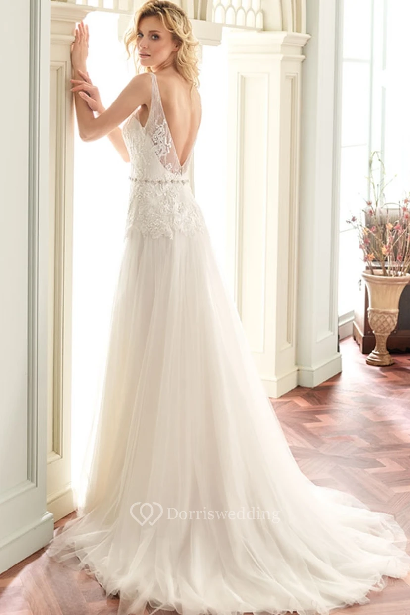 A-Line Sleeveless Floor-Length Appliqued V-Neck Lace Wedding Dress With Deep-V Back And Waist Jewellery view 2