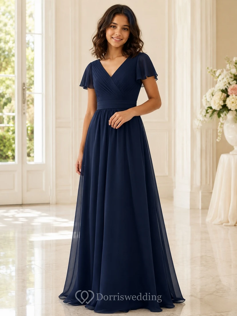 Dunkelblaues Brautjungfernkleid für junge Damen, A-Linie, V-Ausschnitt, kurze Ärmel, aus elegantem Chiffon mit Blütenblattmuster