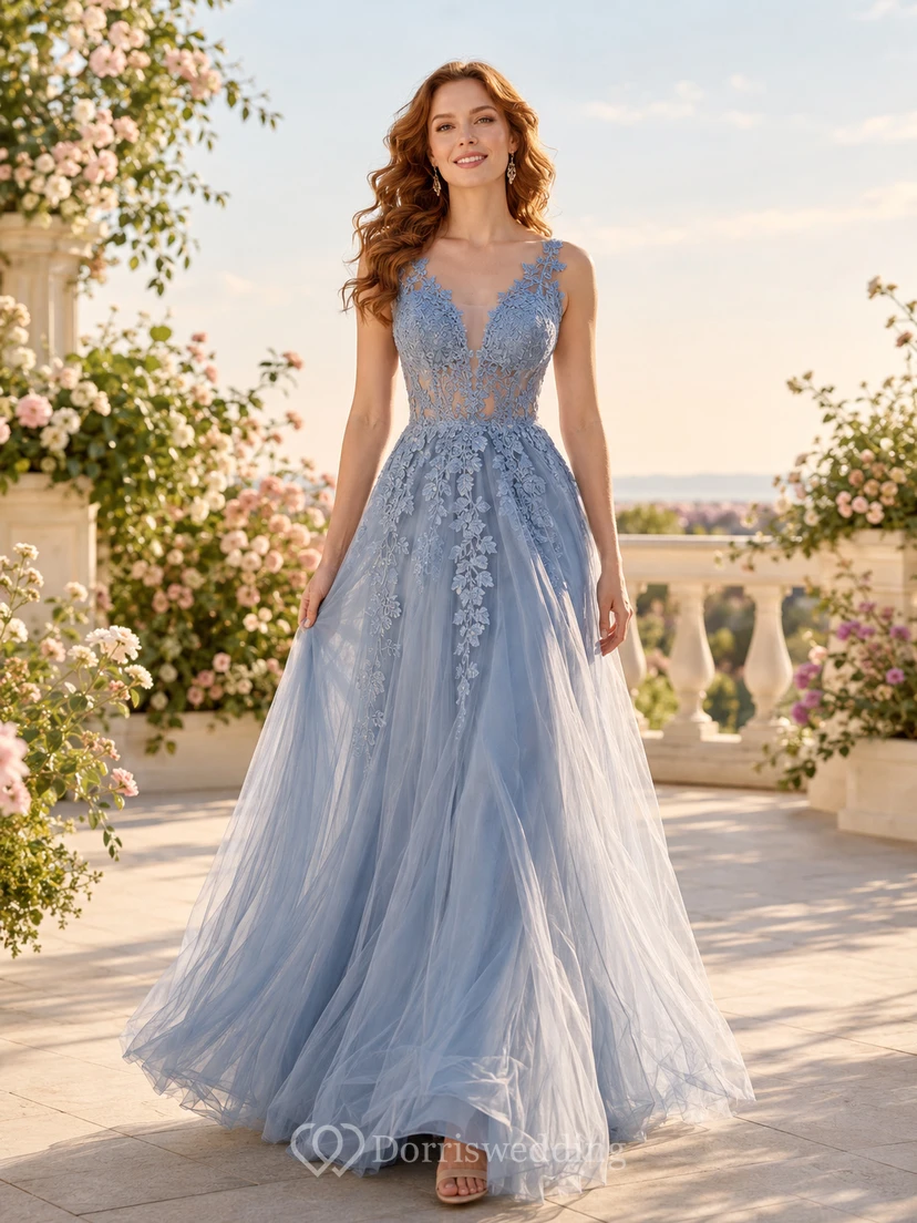 Sky Blue Lace Tulle Illusion Back Formal Gown