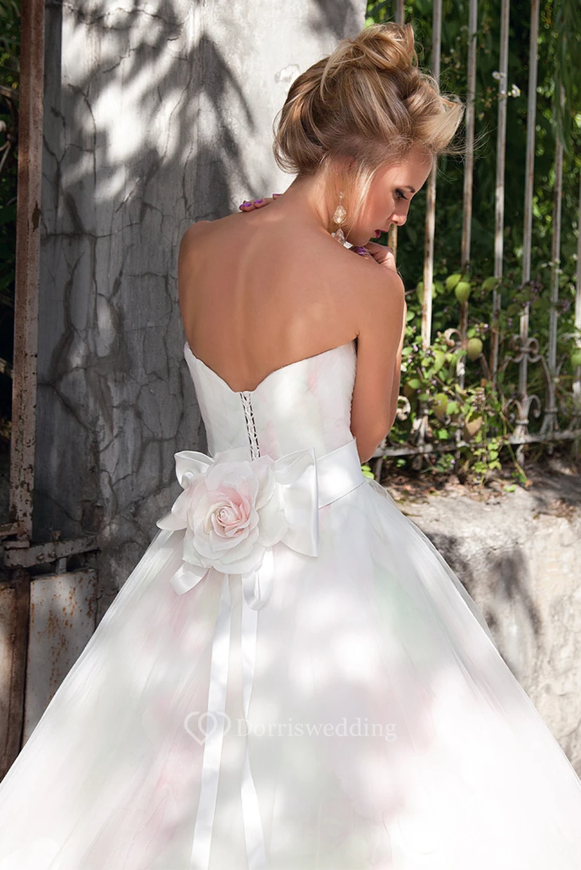 Ball Gown Sweetheart Floor-Length Tulle Wedding Dress With Flower And Corset Back view 3