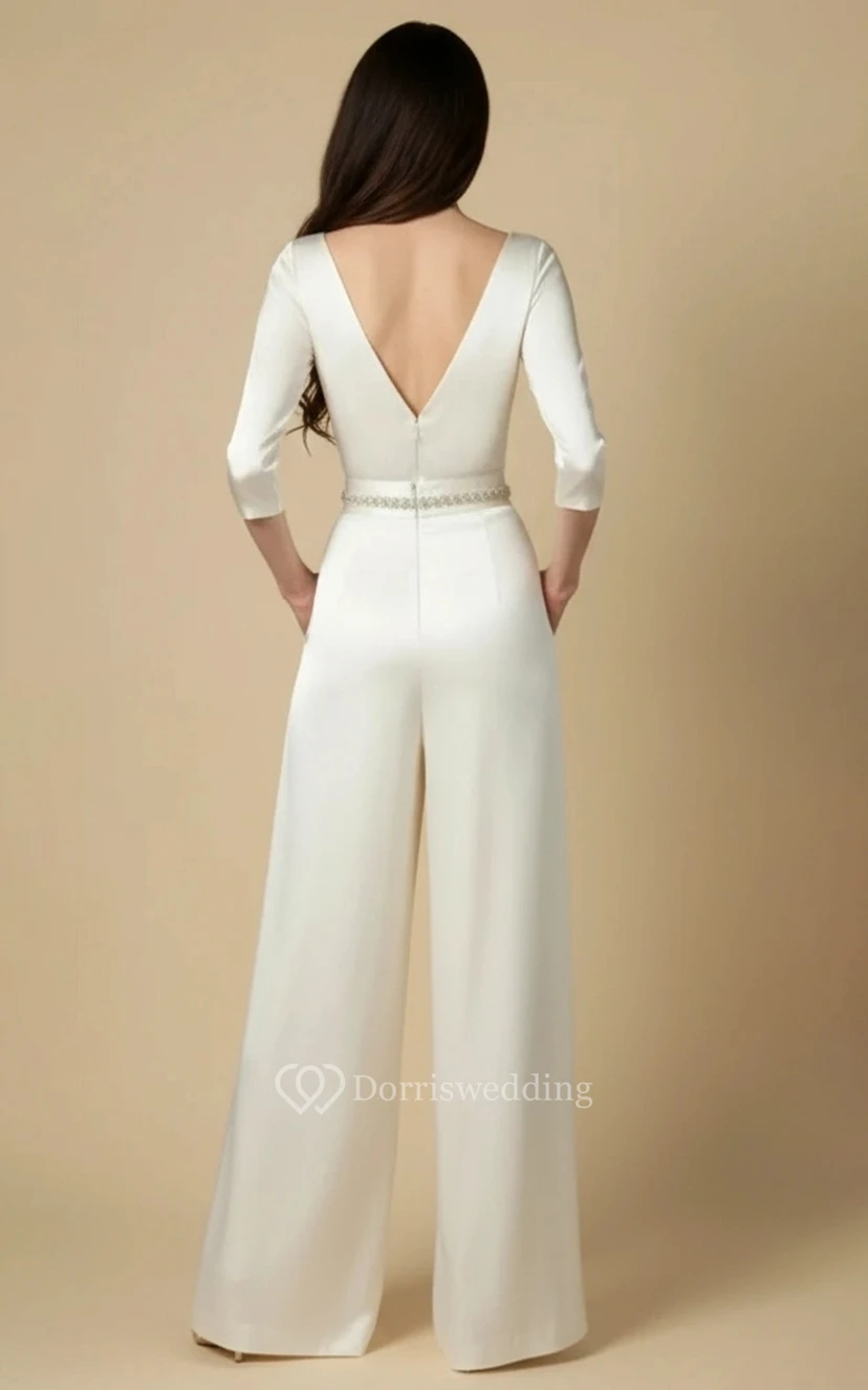 Combinaison de mariage ivoire à manches longues et col bateau, taille haute brillante et jambes larges view 2