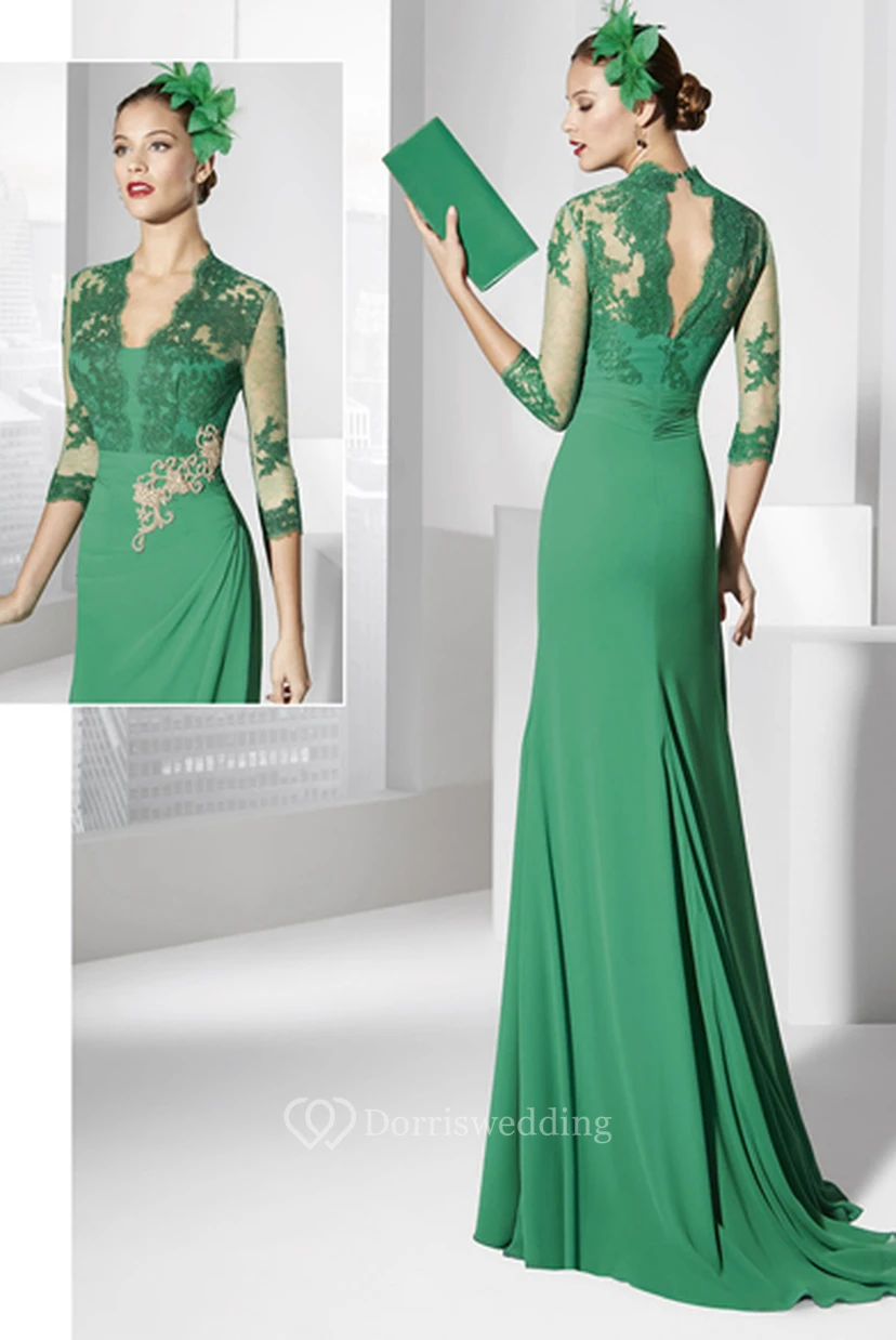 Sheath V-Neck Floor-Length Appliqued Half-Sleeve Jersey Prom Dress view 2