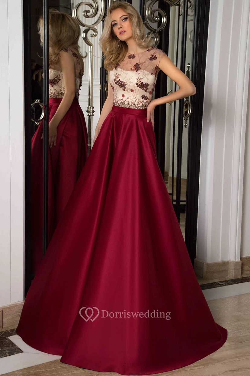 A-Linien-Abendkleid aus Satin mit kurzen Ärmeln, Schnürung am Rücken und Applikationen