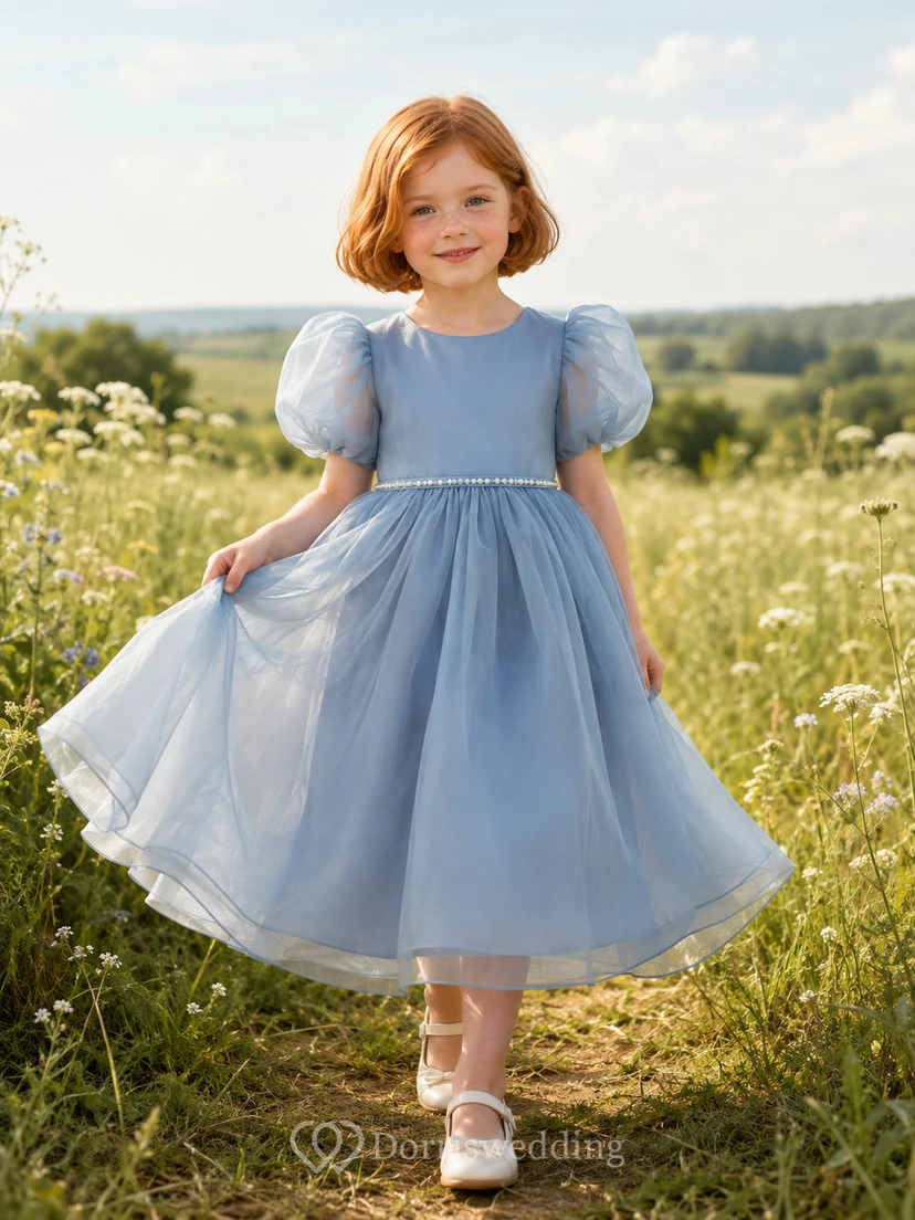 Blumenmädchenkleid, himmelblau, Tüll, A-Linie, kurze Ärmel, Rundhalsausschnitt, Teelänge, Schleifendetail