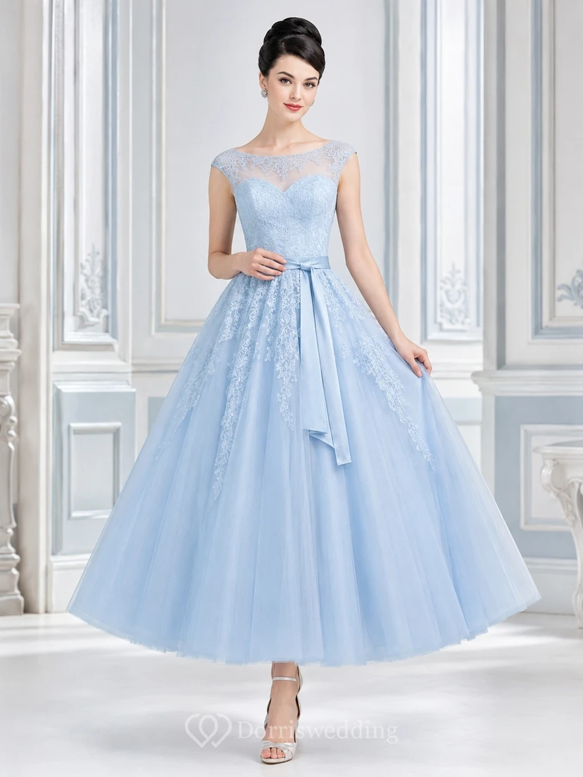 Sky Blue Vintage 1950s Square Neck Short Sleeve Tulle A-Line Gown Dress