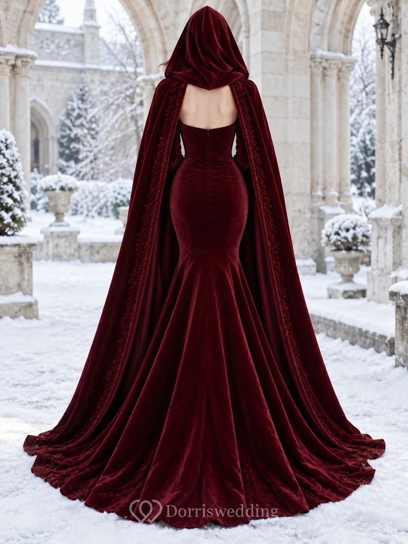 Vestido de invierno de terciopelo burdeos con cuello cuadrado y capucha, estilo sirena. view 2