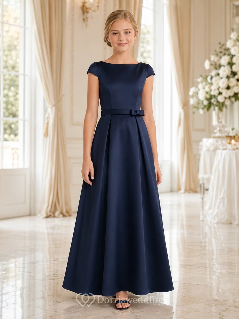 Dark Navy Junior Bridesmaid Dress A-Line Bateau Short Cap Sleeve Bow Detail Elegant
