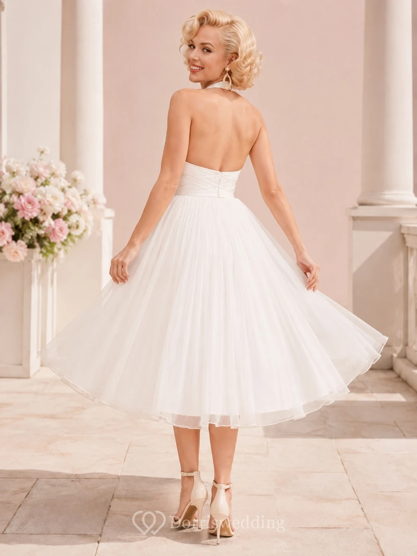 White Halter Satin Flowing Tea-Length Vintage Guest Dress view 2
