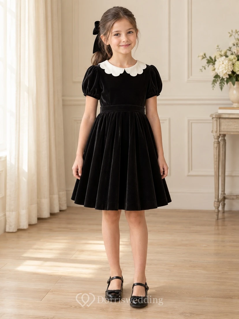 Black Vintage Ivory Scalloped Collar Puff Sleeve Velvet Flower Girl Dress