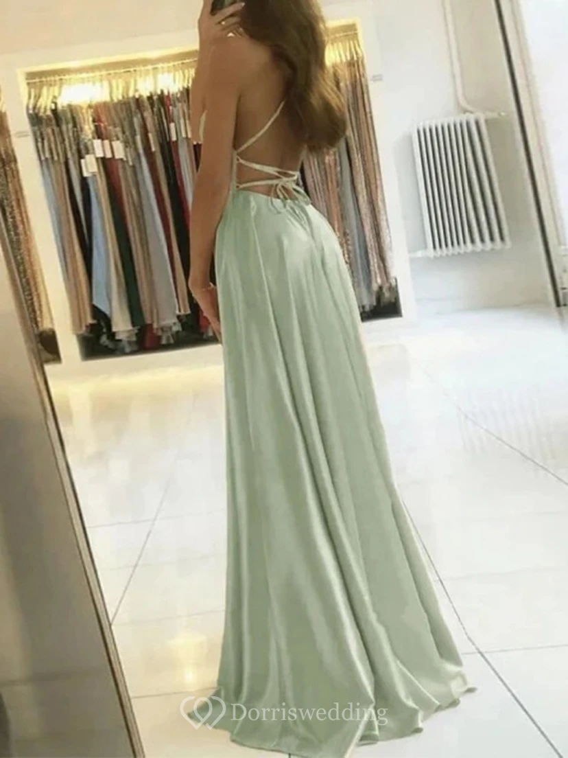 Spaghetti-grünes Empire-Abendkleid in A-Linie mit Schlitz vorne view 2
