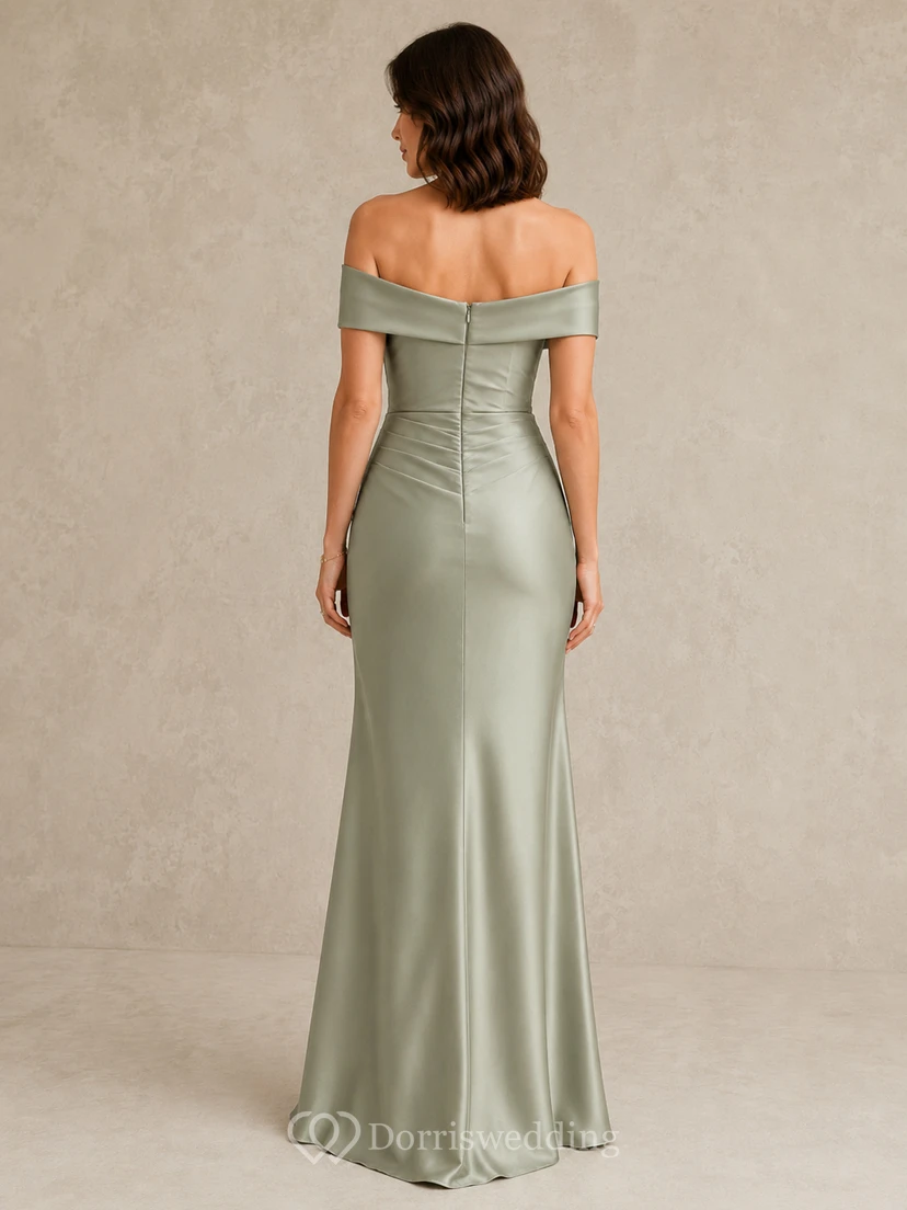 Robe de soirée sirène en satin sauge à épaules dénudées view 2