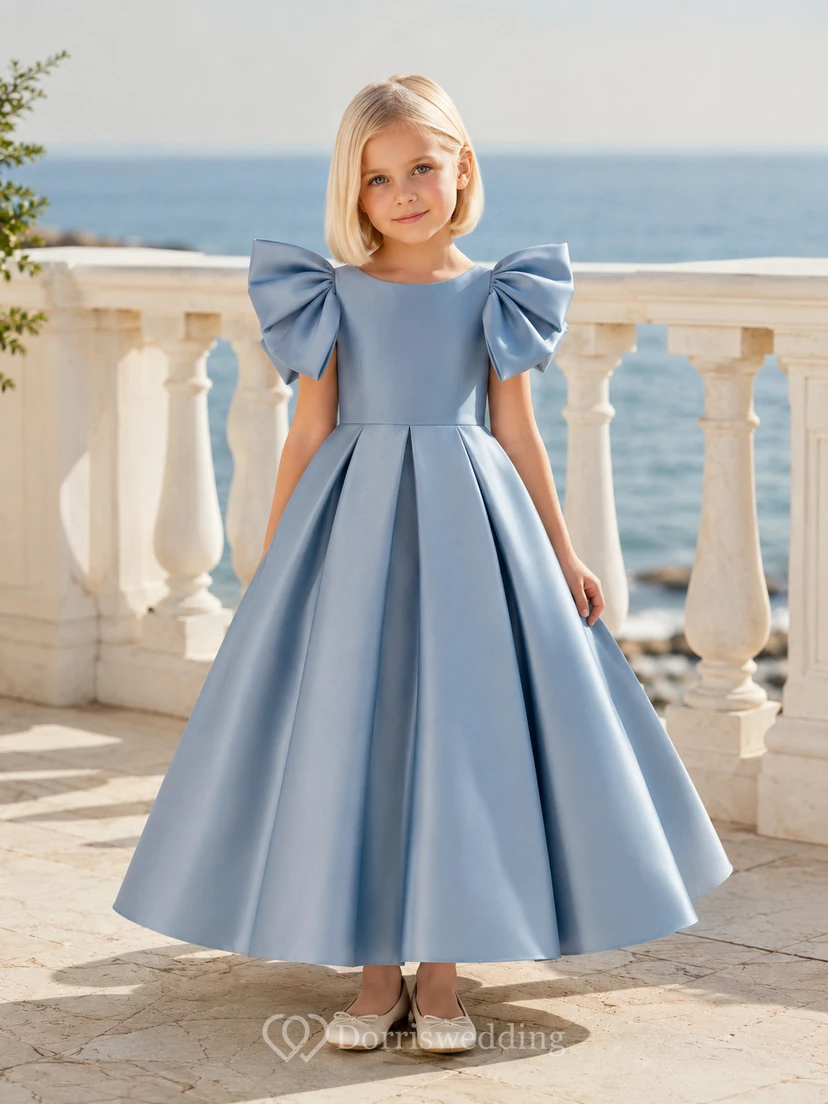 Slate Blue Sculptural Bow A-Line Satin Flower Girl Dress, Sleeveless Jewel Neck, Tea-Length Beach Reception