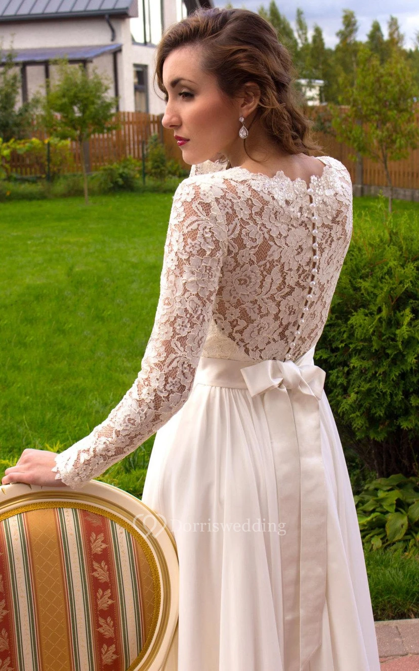 Vestido de novia de gasa, encaje y satén de manga larga view 5