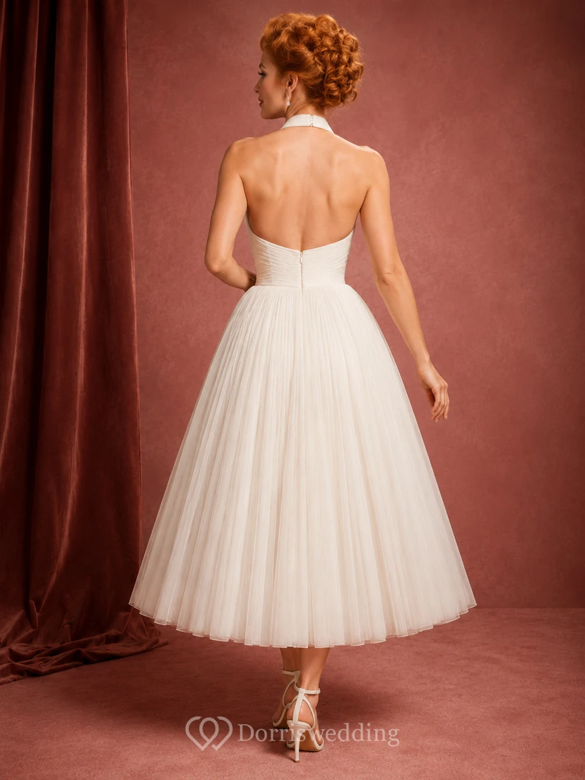 Criss Cross Halter Pleated Tea Length Bridal Dress view 2