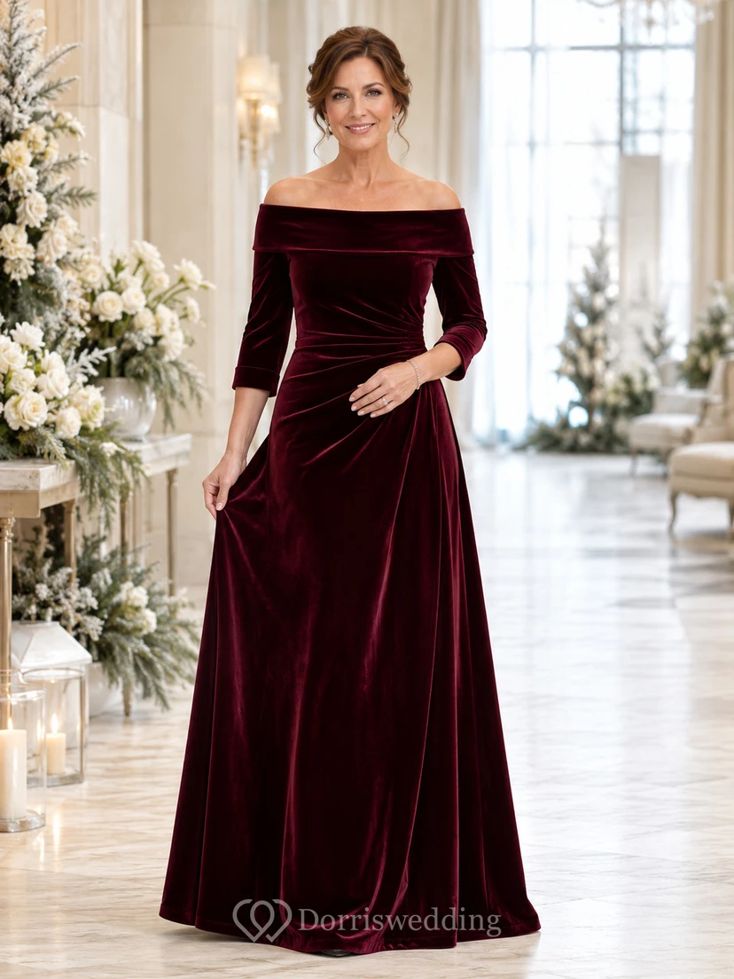 Burgundy velvet off shoulder three quarter sleeve mother gown