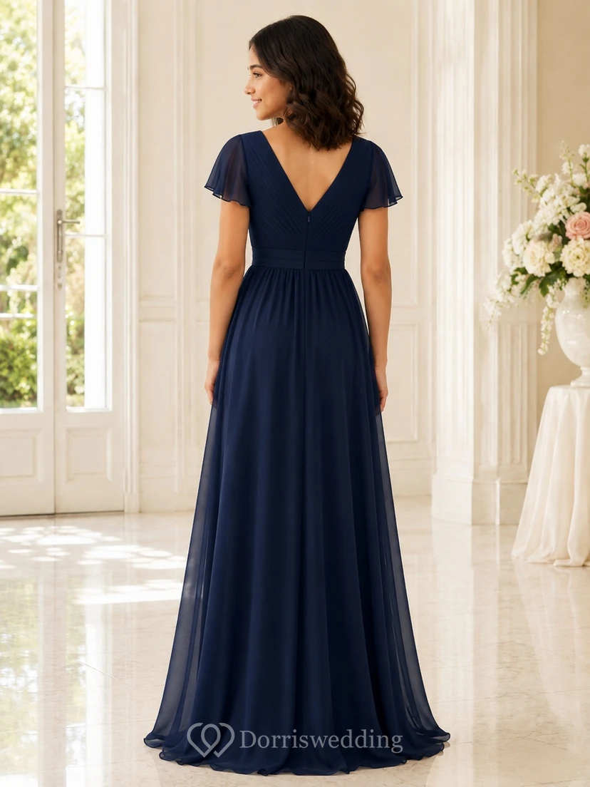 Dunkelblaues Brautjungfernkleid für junge Damen, A-Linie, V-Ausschnitt, kurze Ärmel, aus elegantem Chiffon mit Blütenblattmuster view 2