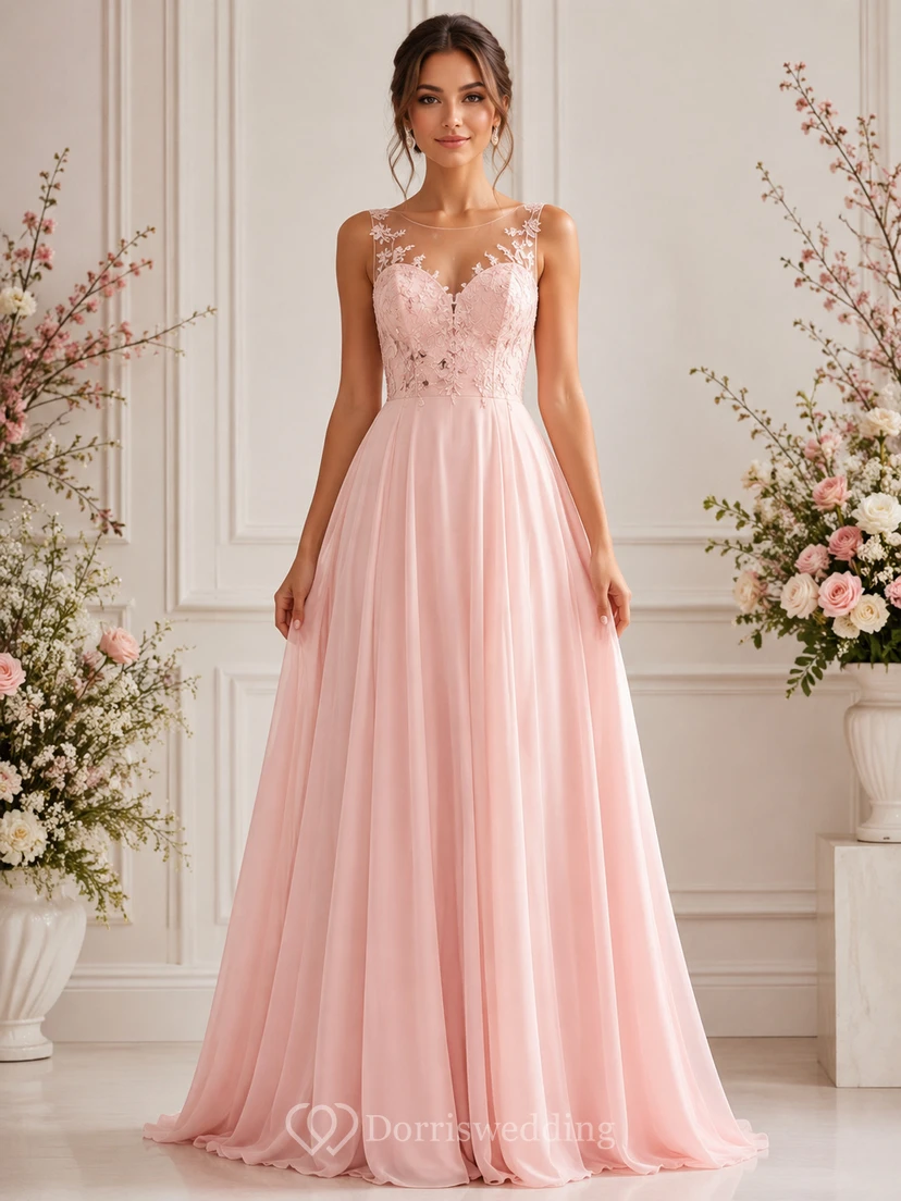 Vestido de dama de honor de encaje con corte en A, escote en V, sin mangas y apliques de encaje, largo hasta el suelo.