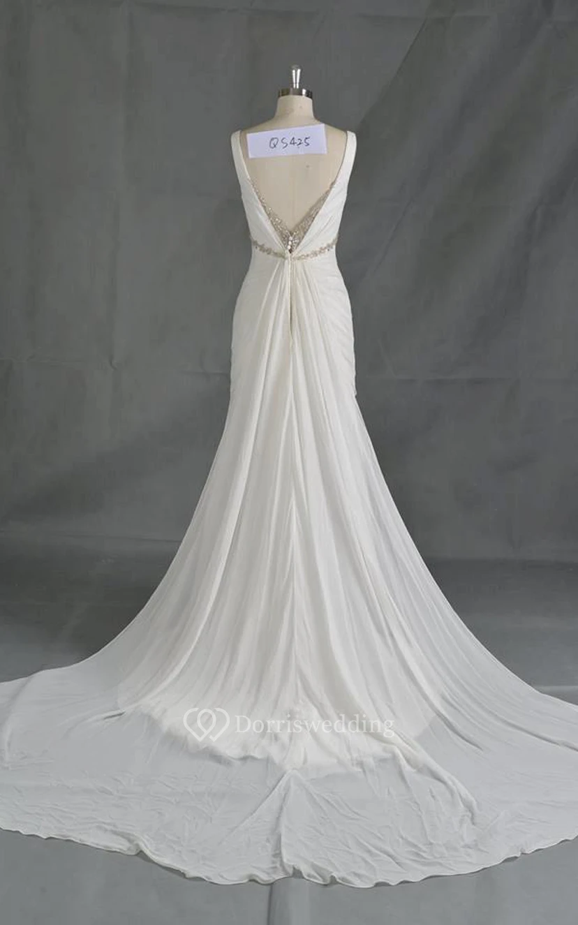 Robe trapèze plissée en mousseline sans manches à col en V ornée de cristaux