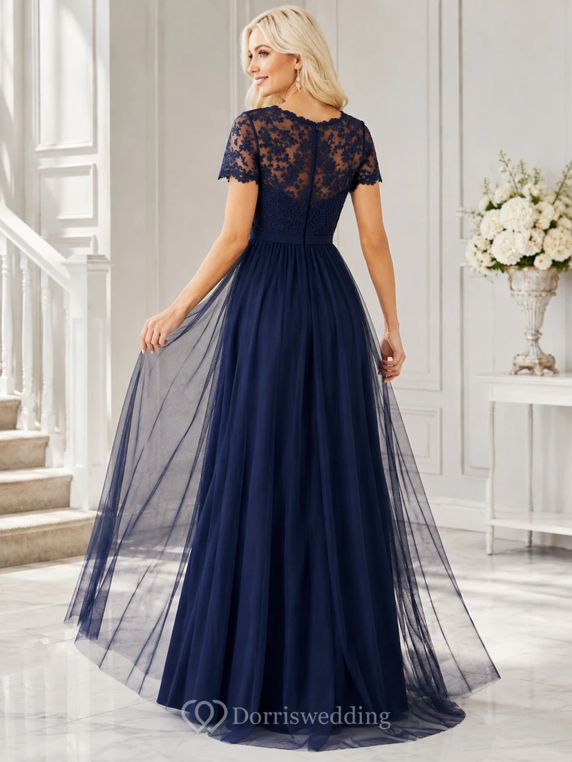 Navy Lace Illusion Cap Sleeve A-line Floor-length Evening Dress view 2