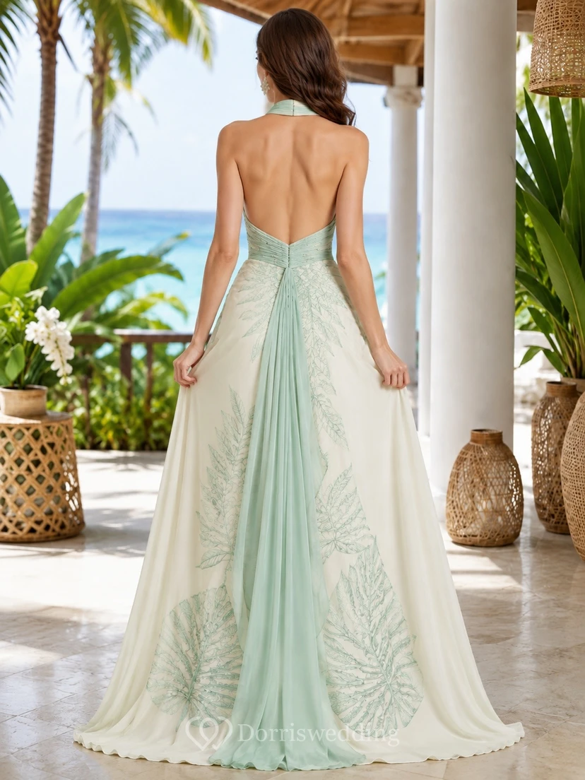 Mint Green Halter Sleeveless Floral Lace A-Line Wedding Dress view 2