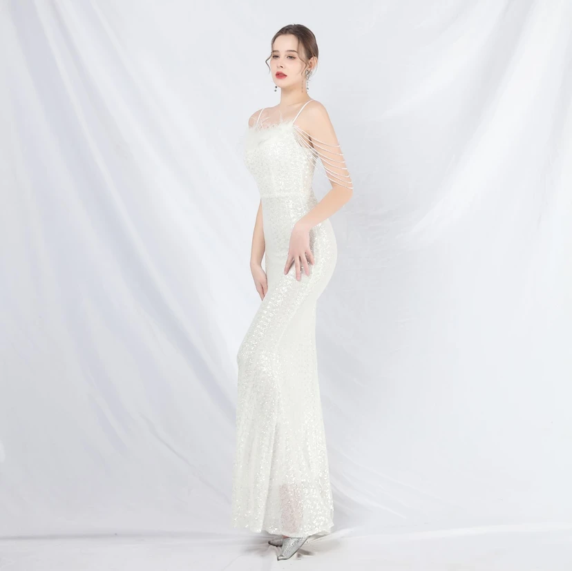 Craft Beaded Ostrich Feather Fantasy Sequined Long Evening Dress view 57